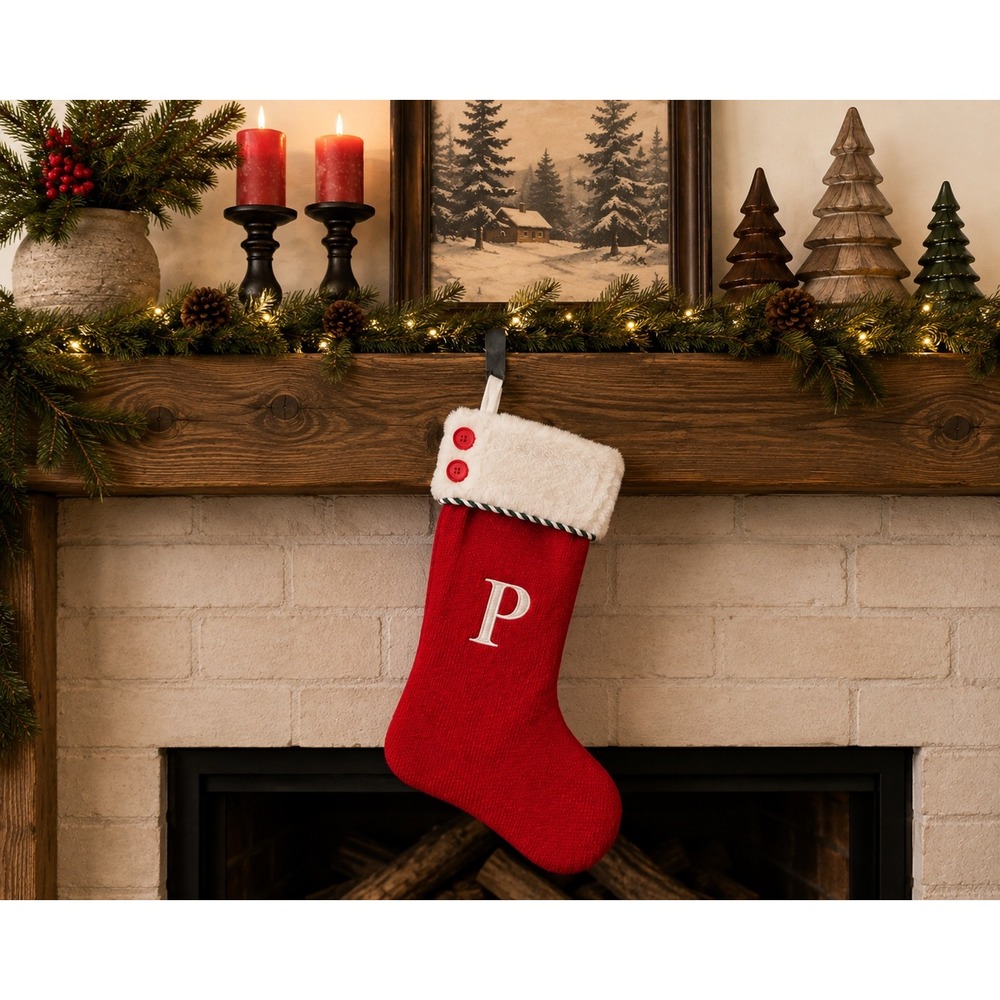 Red Knit Christmas Stocking Monogram Letter P White Faux Fur Cuff Holiday Decor